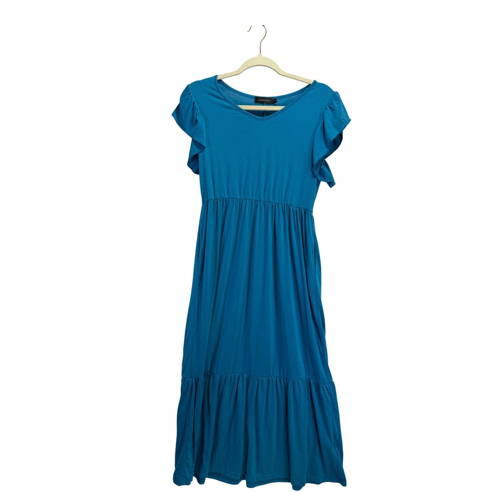 Luxveer Teal Blue Ruffle Sleeve Tiered Maxi Dress Small V-Neck Jersey Stretch